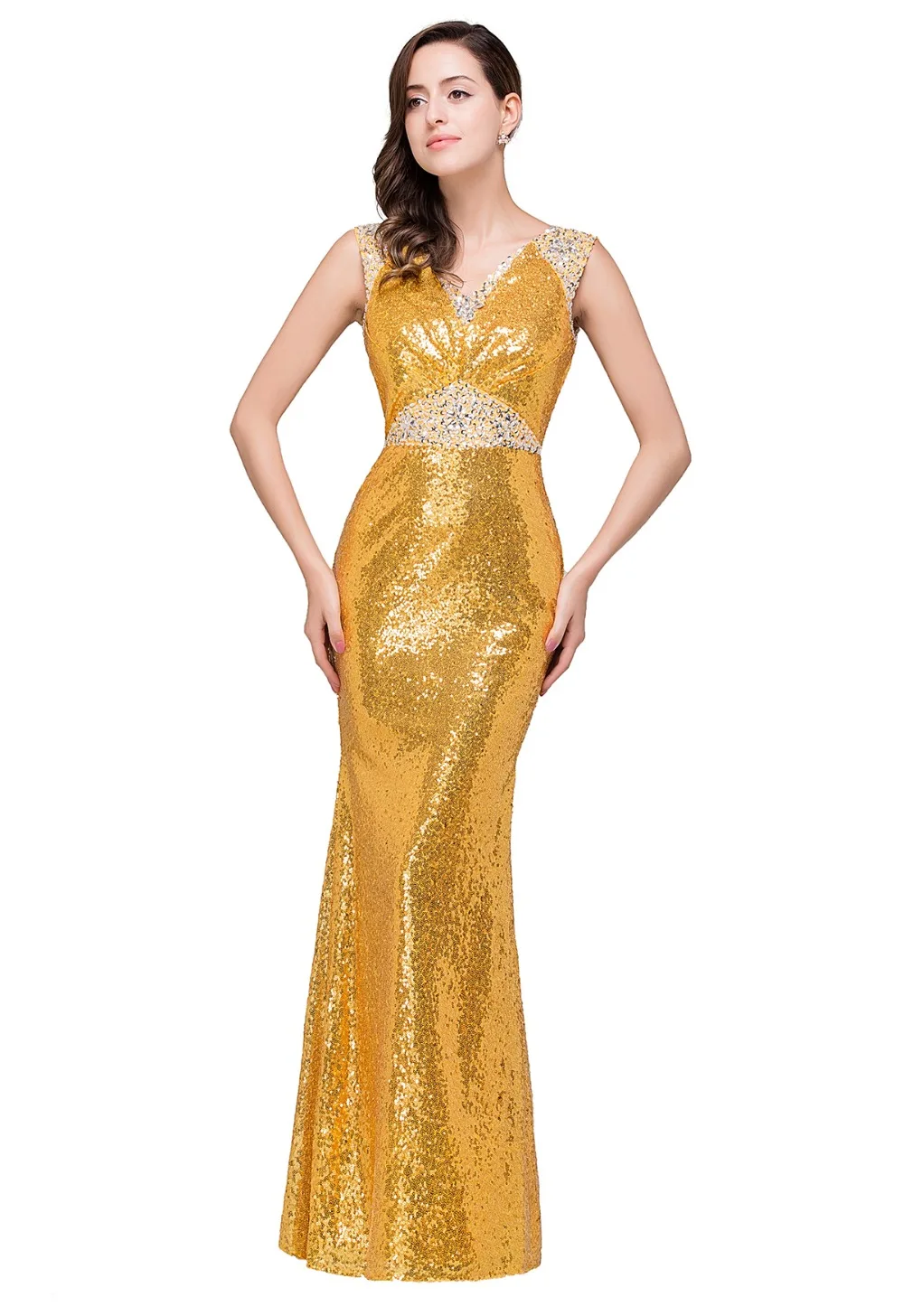 Потрясающие золотые блестки вечерние платья 2017 из бисера Длинные Русалка Пром Robe