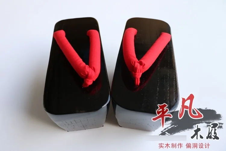 Women Lady Wooden Clogs 11CM Geta Slippers Thick Black Solid Wood Red Stripes Original Japanese Role-play Cosplay | Тематическая