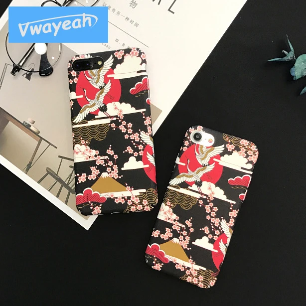 Ins Hot Japanese Style White Yellow Red-crowned Crane Pink Sakura Red Sun Rise Cloud Carton Animal Case For iPhone 6 6s 7 8 Plus | Мобильные
