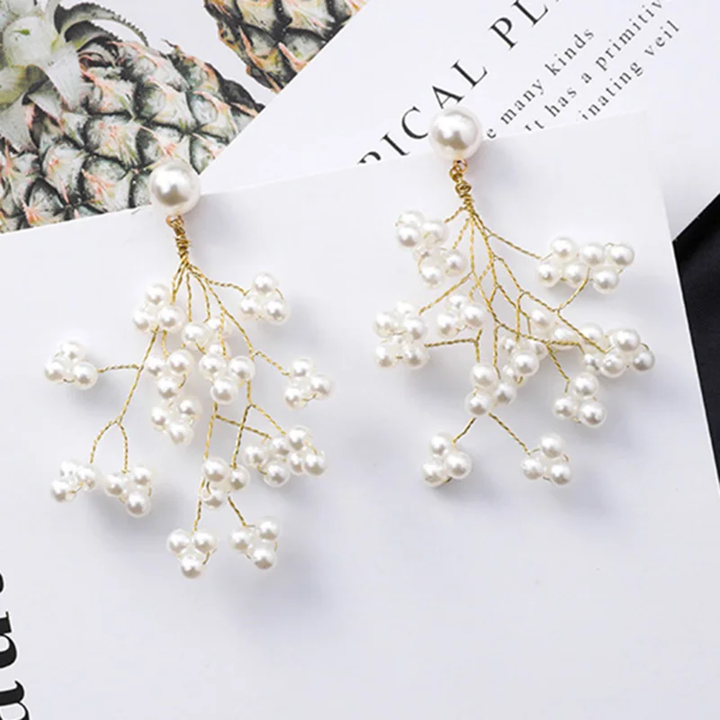 Latest Design Minimalism Gold Color Long Branches Pearls Drop Earrings For Women Ladies Chic Blossom Pearl Flower Dangle Earring - Окраска металла: pearl