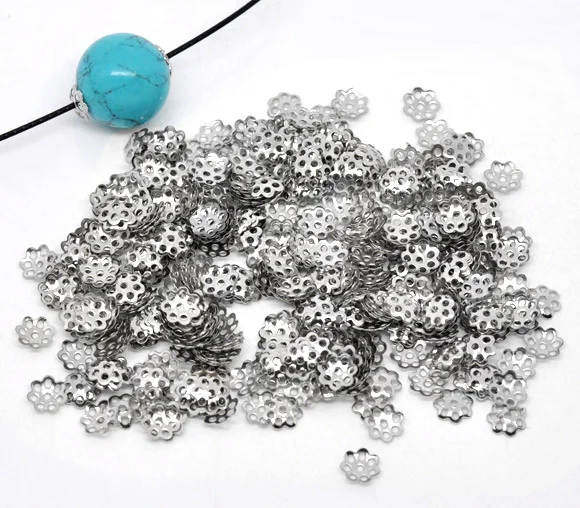 Бусины Из Сплава DoreenBeads серебристые колпачки с цветочным узором (подходят для