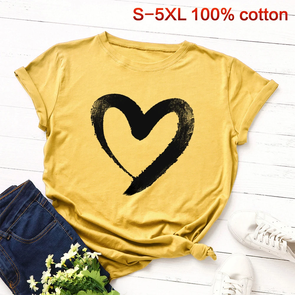 Большие размеры 5XL хлопковая Футболка женская мода лето Круглый вырез короткий рукав Любовник Сердце Футболка Harajuku пара Топы WDC2488