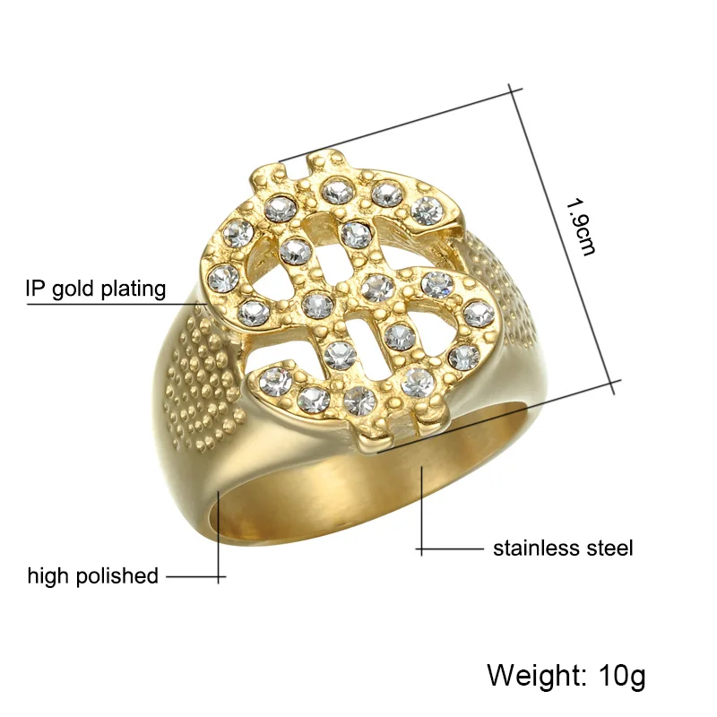 Хип Хоп рок Iced Out bling золото Цвет Титан Нержавеющая сталь нам знак доллара печатки