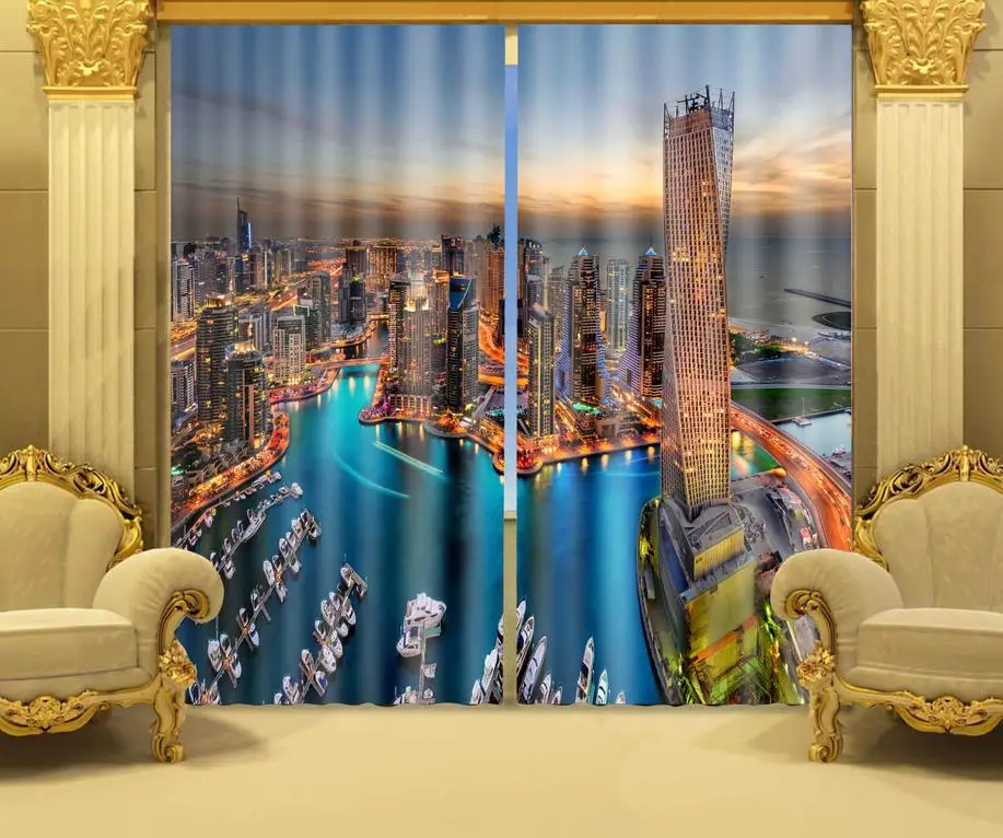 Стереоскопические 3d шторы с фото принтом Дубай морская ночь 3D печать