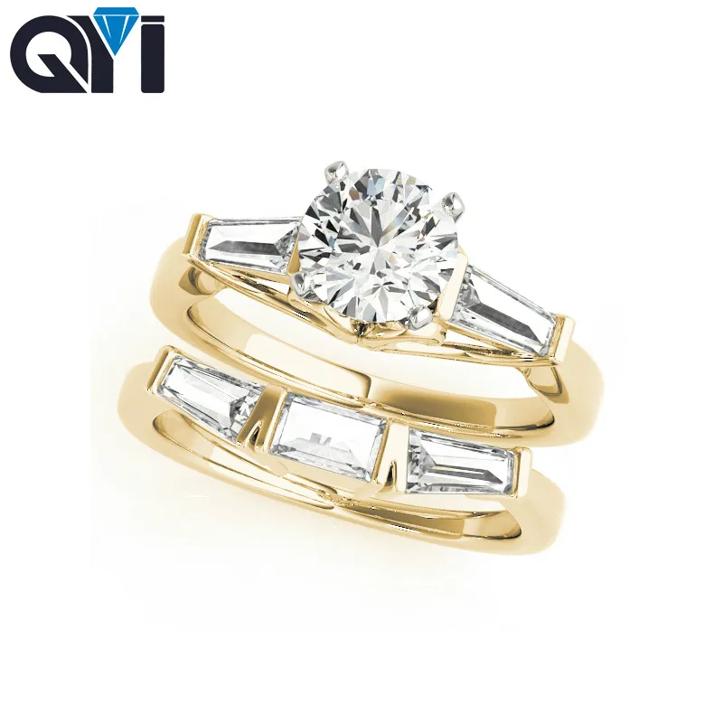 14K Yellow Gold Three Stone Engagement 1 Carat Ring Sets Round Moissanite Diamond Jewelry Wedding Rings For Women