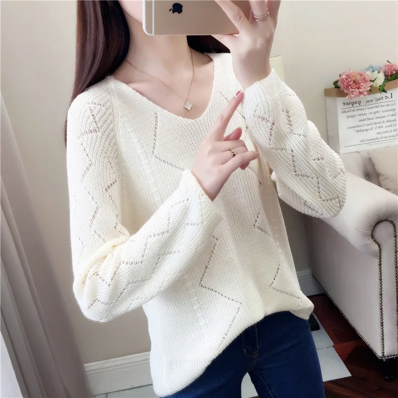 Casual Kintted Sweater Women Sexy V-Neck Long Sleeve Pullovers Thin Hollow Out Geometric Warm Tops 2019 Autumn Women's Sweaters | Женская
