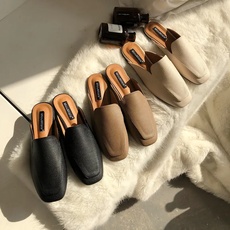 

Women Mules Slipper High Quality Soft Leather Round Toe Slipper Slip On Outdoor Sandal Causal Flat Heel Slides