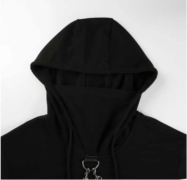 Толстовки в стиле панк с металлическими цепочками, с длинным рукавом, в стиле пэчворк, женские свитшоты, весна, черный укороченный топ в стиле хип-хоп Харадзюку