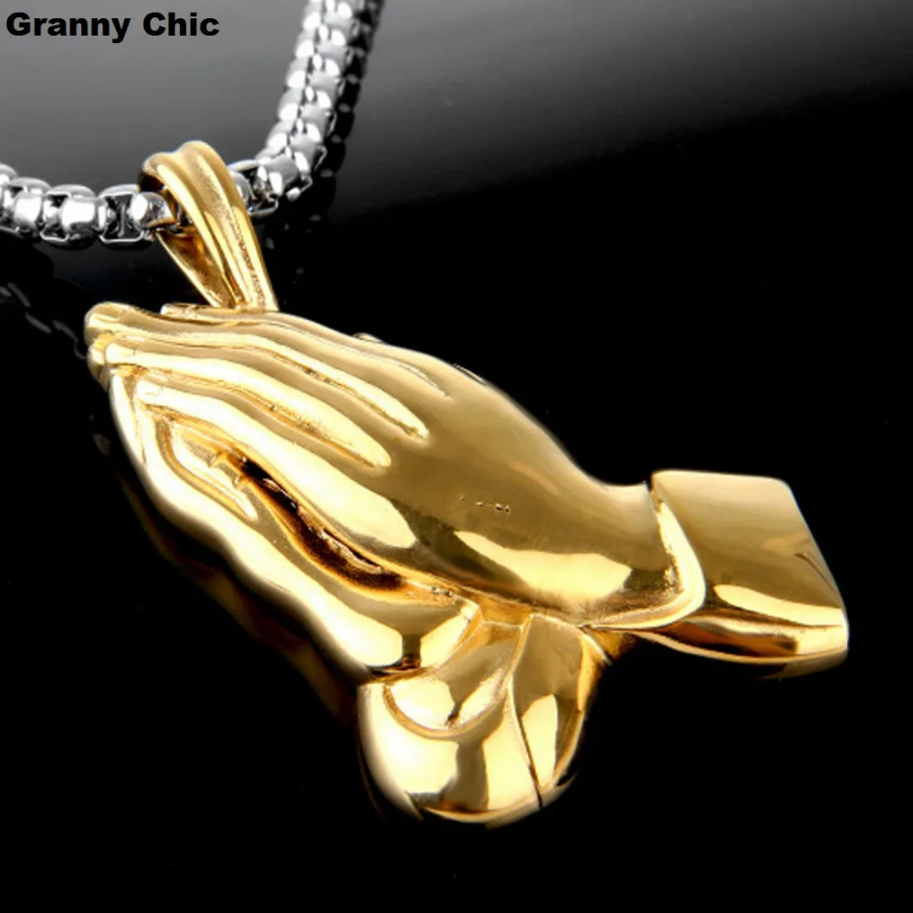 Granny Chic Mens Jewelry Yellow Gold Stainless Steel Prayer Palm Religious Pendant Box Necklace | Украшения и аксессуары