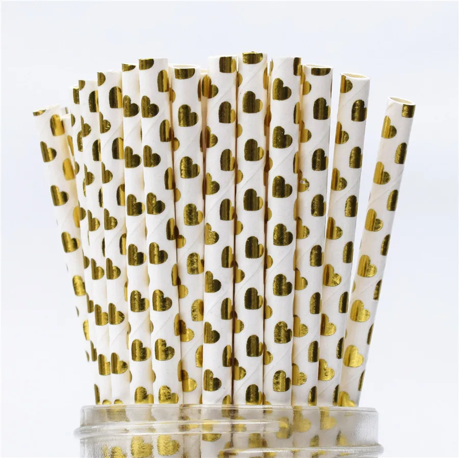 gold hear straws 25p Одноразовая посуда с золотым краем в виде цветка, розовая бумажная тарелка, чашка, соломенный торт, деревянный нож, вилка, вечерние принадлежности, Европейский дворец, свадьба - Цвет: gold hear straws 25p