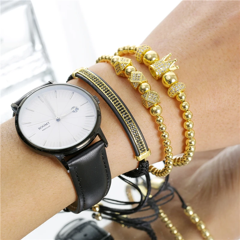 

3pc/set wedding Bracelet men women luxury copper beads pave cz zircon gold wheel crown charms bracelet sets accessaries jewelry