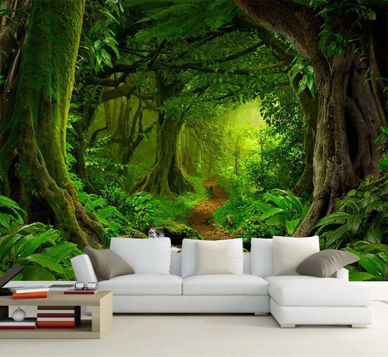 

Custom Wallpaper Tropics Forests Waterfall Trees Jungle Nature Modern Forest Path Wall Sticker Living Room Bedroom Mural