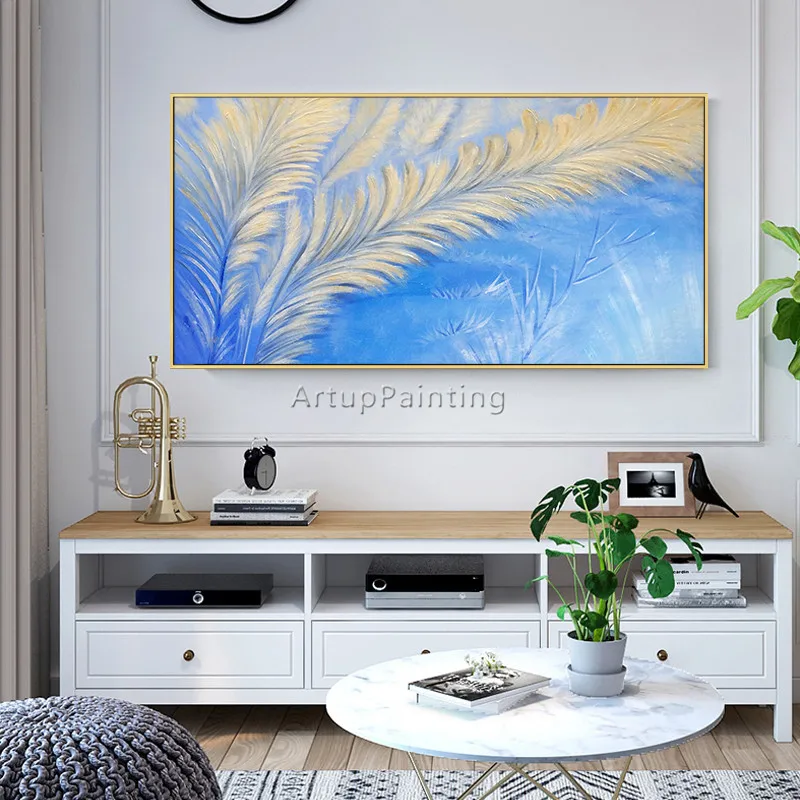 Modern abstract feather painting acrylic blue Canvas Abstract art Wall Pictures for living room home decor cuadros | Дом и сад