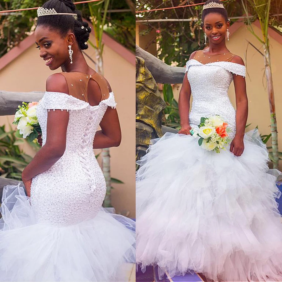 Fashionable Off the Shoulder Tulle Jewel Neckline Mermaid Wedding Dress With Beadings Ruffles Bridal Gowns | Свадьбы и торжества