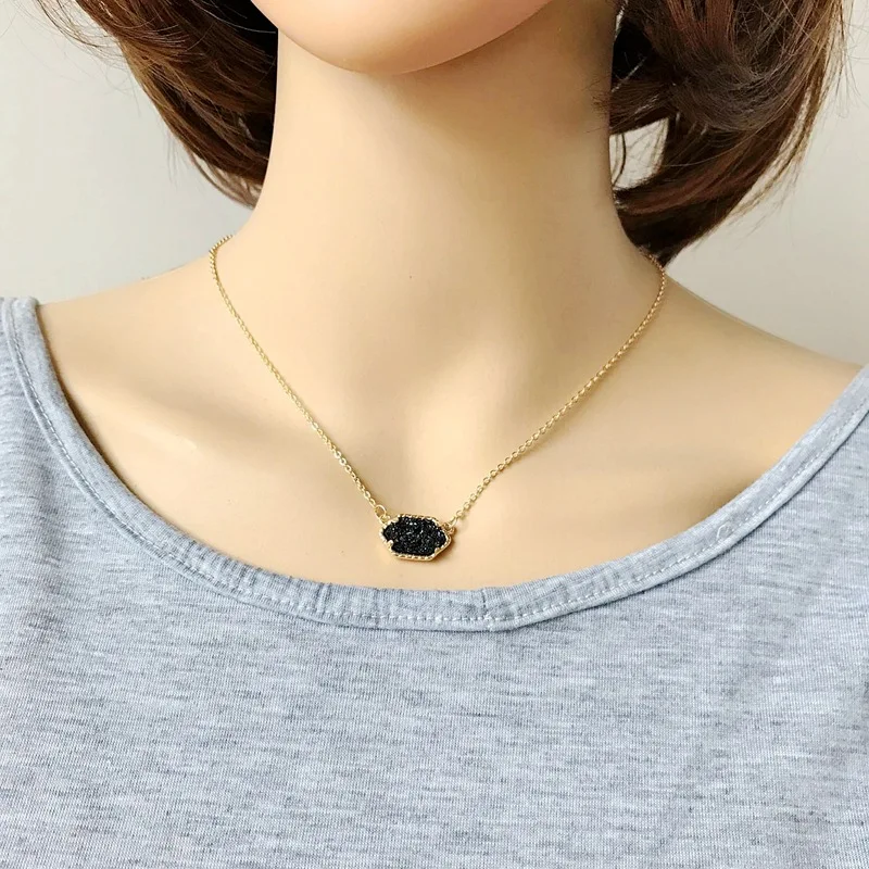 10 видов цветов Золотой Кулон Druzy Drusy ожерелье с шестигранным акриловым воротником