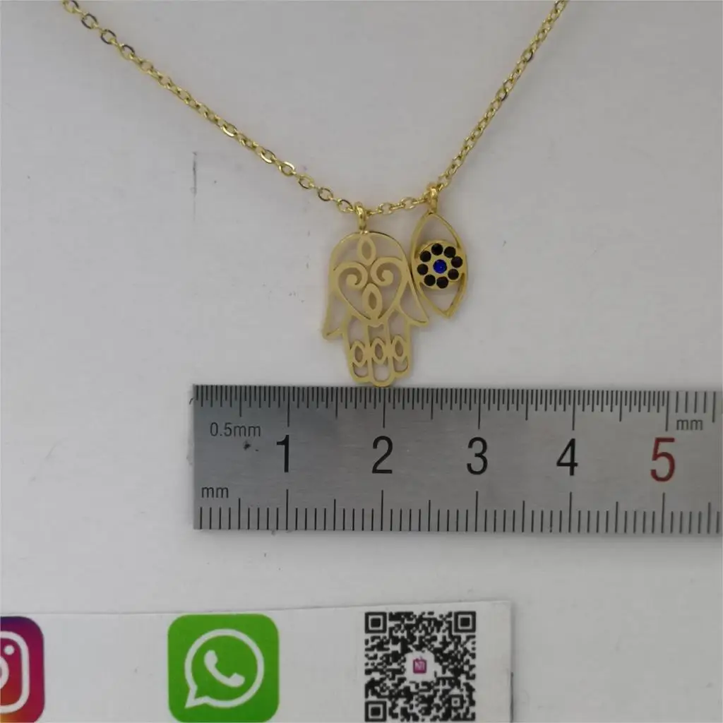 FALLON ECO-Certification Good Stainless Steel Bracelets 20cm Curb Chains 16mm Hamsa Eyes Rhinestones Pendant Girls Fashion - Окраска металла: gold neckalce