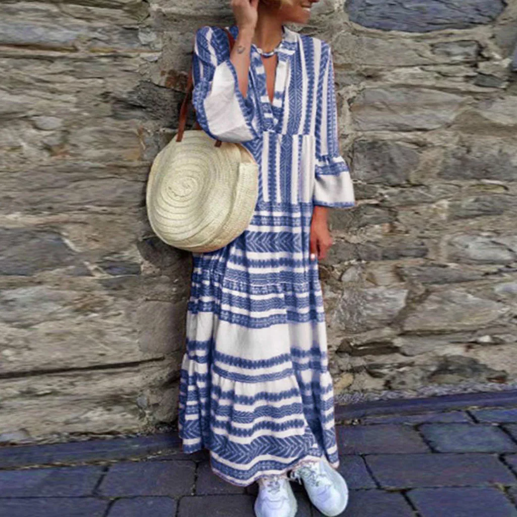 

Fashion Women Printed Summer Dress Females Bohemian Long Dresses Ladies V Neck Beach Party Loose Maxi Dresses