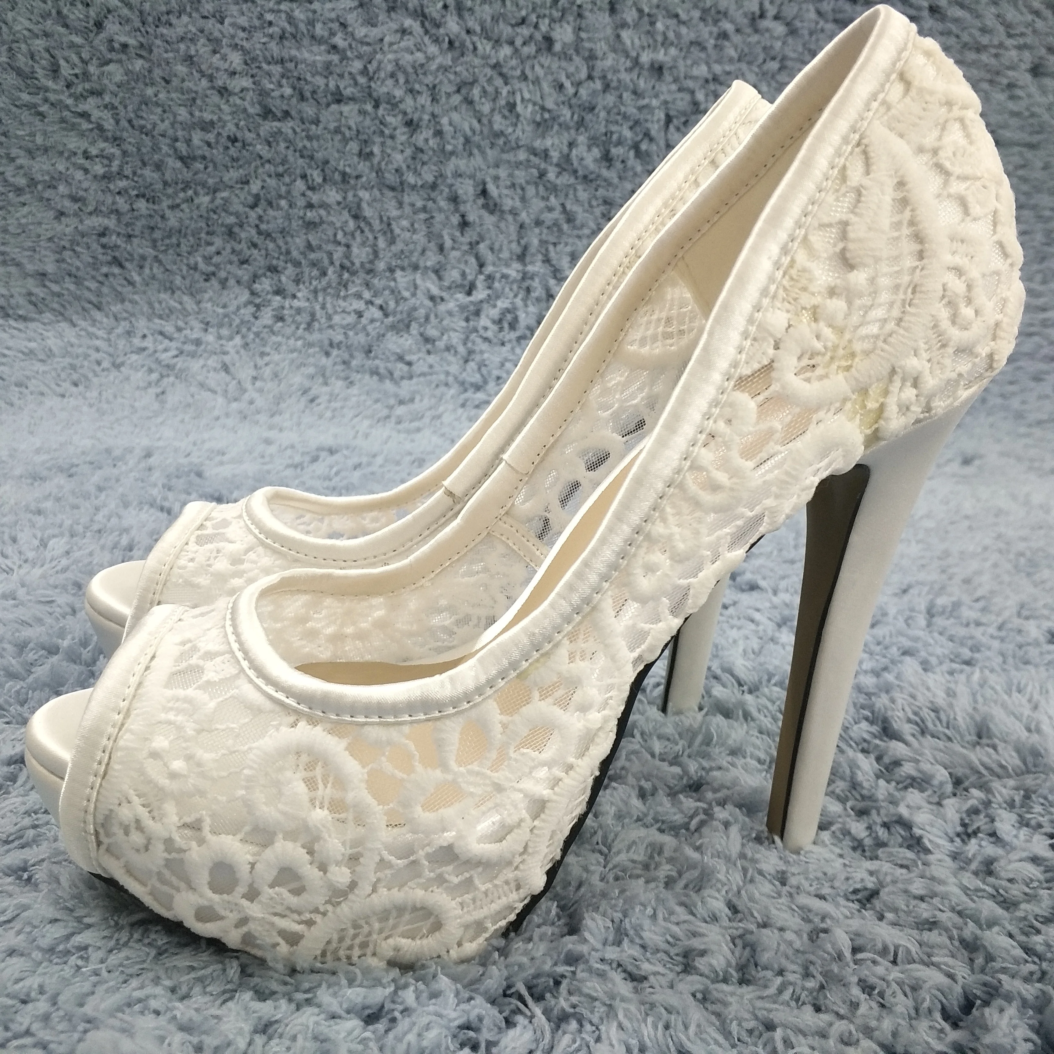 

Women Stiletto Thin High Heel Pumps Sexy Peep Toe Platform Ivory Satin Lace Bridals Wedding Party Ball Lady Shoes 3463B-h