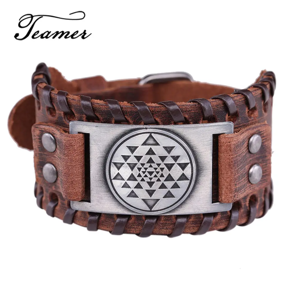 Teamer Antique Silver Copper Bronze Metal Bracelets Black Brown Wide Leather Bracelet Vintage Triangle In Round Charm | Украшения и