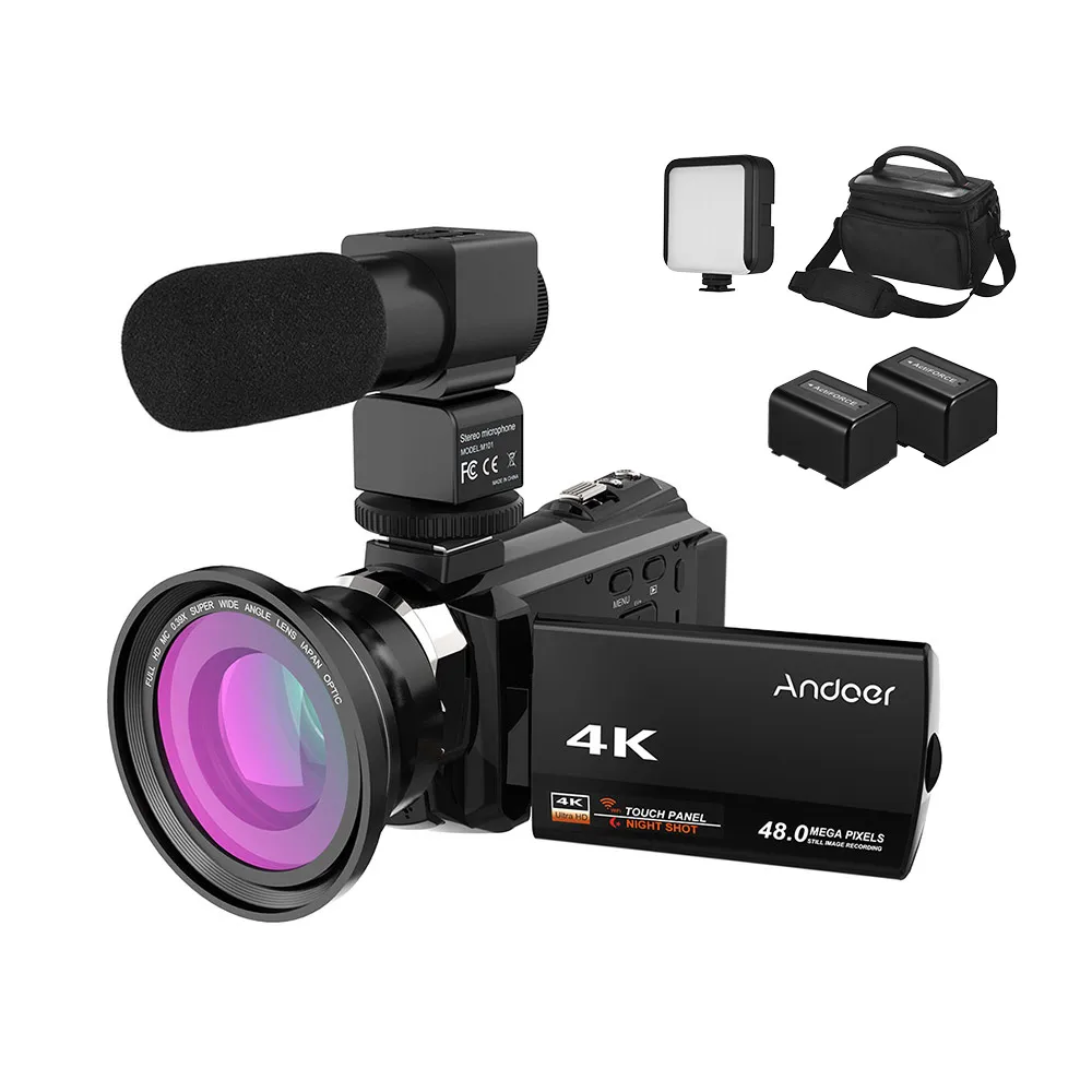 Andoer 4K видеокамера 1080P 48MP WiFi цифровая видеокамера ИК Ночной прицел 16X цифровой зум с 0.39X широкоугольным макрообъективом