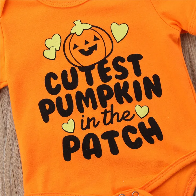 PUDCOCO Baru Lahir Halloween Bayi Anak Laki-laki Anak Perempuan Labu Oranye Kasual Bodysuit Pakaian Kostum Pakaian