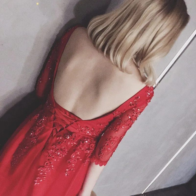 Red Prom Dresses Vestidos de festa appliques Scoop Lace up A Line Tulle Sexy Backless evening Gown Robe soiree P068 | Свадьбы и