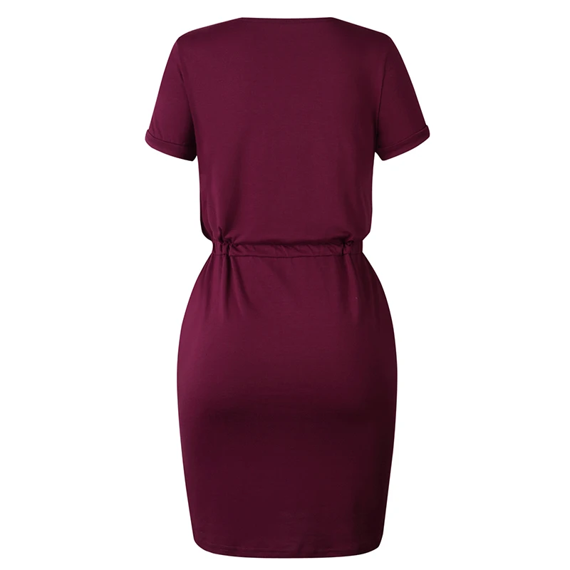 

Women Short Sleeve Round Neck Solid Color Loose Short Dresses Bandage Lace Up High Waist Casual Mini Dress Vestidos Summer Femme