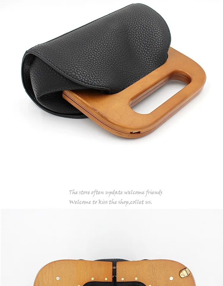 Women Wooden Handle Handbag Wood Clip Casual Shoulder Bag Diagonal Solid Color Vintage Bag Crossbody Bag