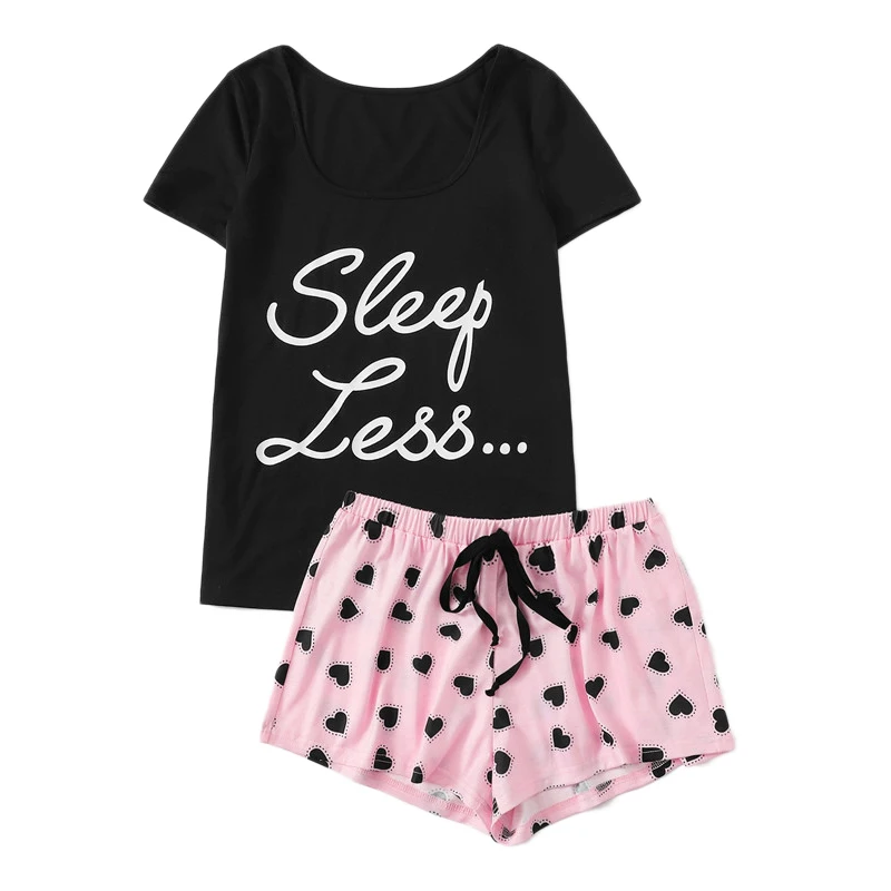SHEIN Пижамный Комплект Футболка С Текстовым Принтом И Шорты С Кулиской Пижамный Комплект