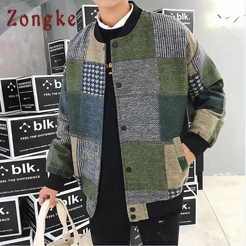 Green Zongke, шерстяная клетчатая куртка-бомбер, Мужская модная уличная куртка в стиле хип-хоп, зимняя мужская куртка, Мужская куртка, пальто, 5XL, весна, новинка - Цвет: Green
