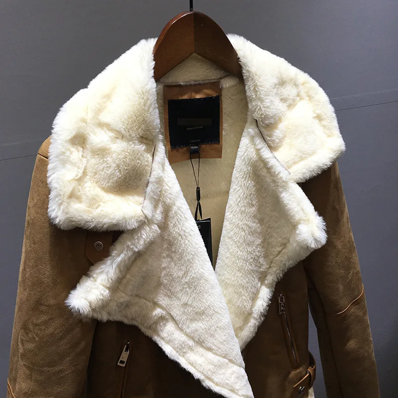 SheeYon Winter warm suede Patchwork lamb fur Jackets slim plus size zipper jacket women's Camel color 1001349 | Женская одежда