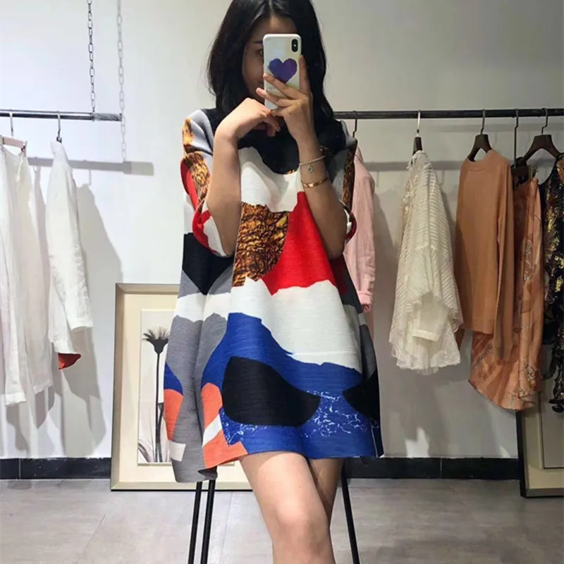 Changpleat Весна Новые принтованные женские футболки топы Miyak плиссированные Модные свободные женские футболки большого размера с круглым вырезом T9