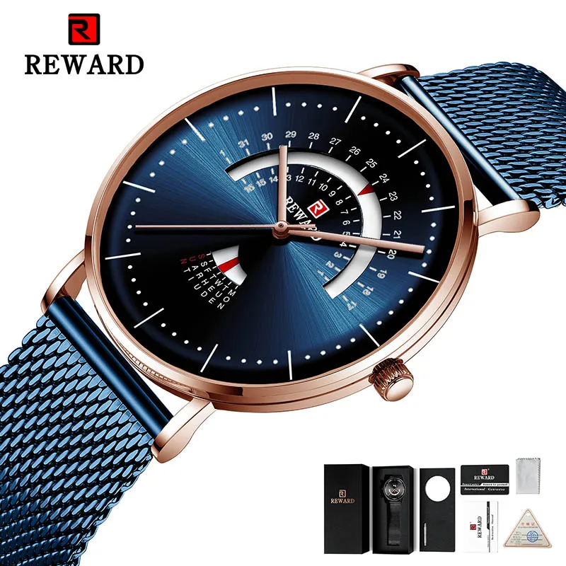 Blue(with box) Награда уникальные наручные часы стальной сетчатый ремешок кварцевые мужские часы, наручные часы водонепроницаемые Дата повседневные мужские наручные часы Reloj Hombre - Цвет: Blue(with box)