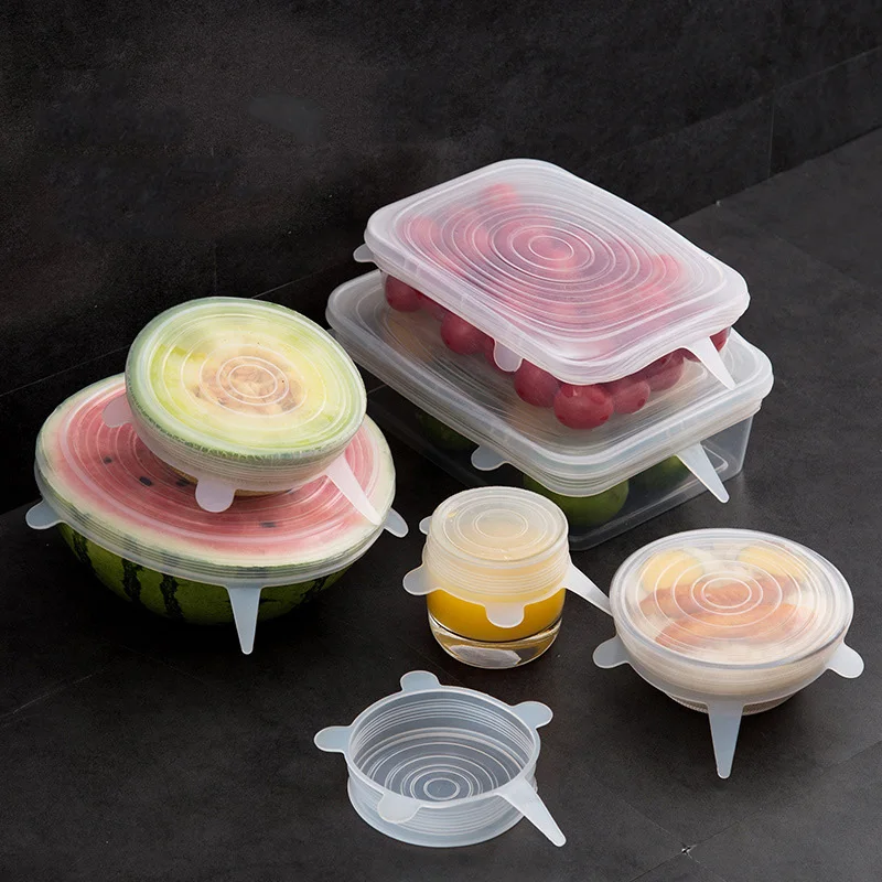 

6 Pcs Food Wraps Reusable Silicone Food Fresh Keeping Sealed Covers Silicone Seal Vacuum Stretch Lids Saran Wraps Organization