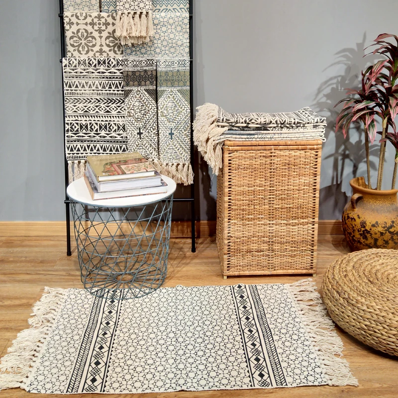 Килим черный белый 100% хлопок ковер для гостиной геометрический индийский