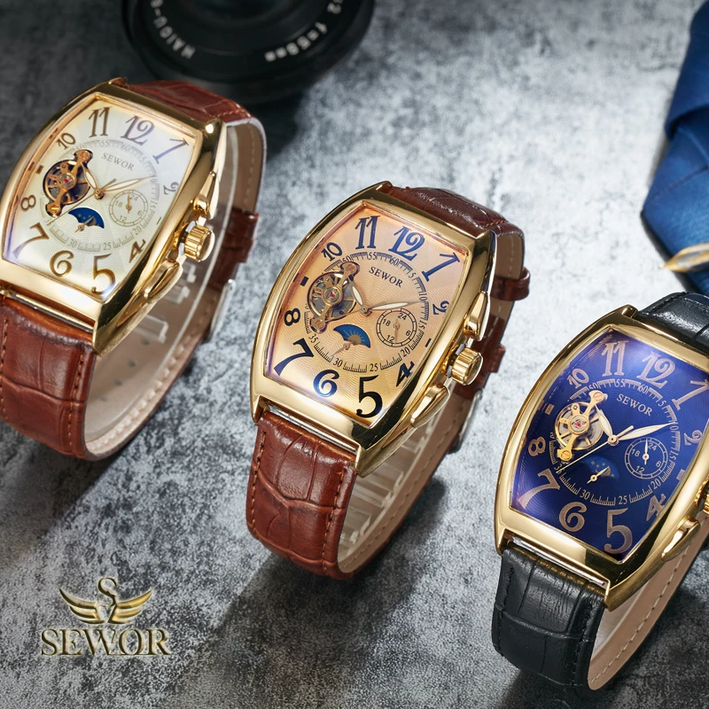 SEWOR люксовый бренд для мужчин s Symphony glass Mirror Tourbillion механические Автоматические часы для мужчин Moon Phase модные спортивные часы C342