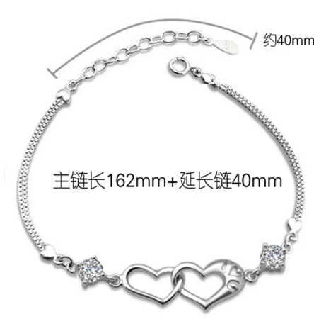 Anenjery 925 пробы Серебряный двойной Любовь Сердце Soulmate Кристалл Браслеты для женщин подарок на день Святого Валентина S-B11