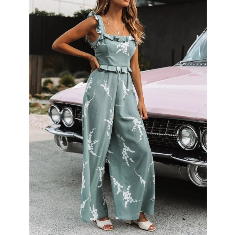 new sexy straps ruffled printed one-piece trousers women vintage backless print female Siamese trousers Lake Blue summer
