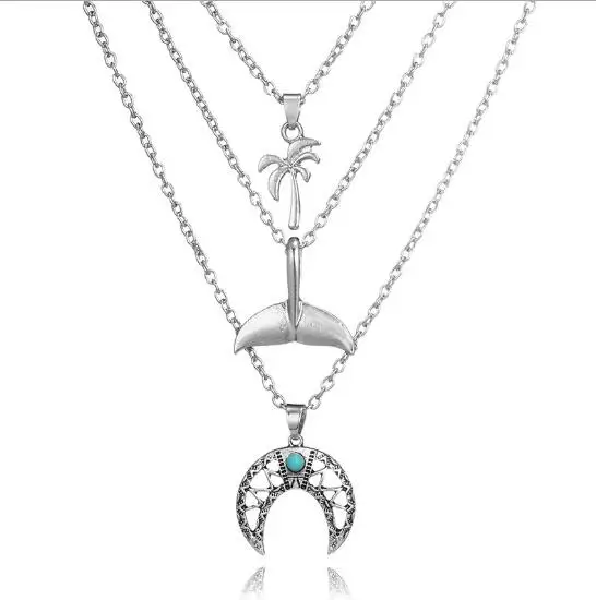 Bohemia Coco Tree Mermaid Moon Pendant Necklaces Multi Layer Silver Chain Chokers Necklace Collar for Women Jewelry | Украшения и