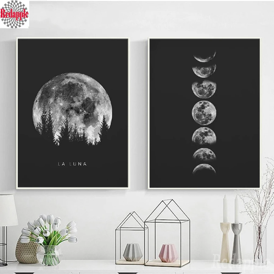 Bordado minimalista de diamantes de luna llena, bordado 3D de fases de Luna blanca y negra, Sistema Solar, imagen, pintura, decoración, arte de pared