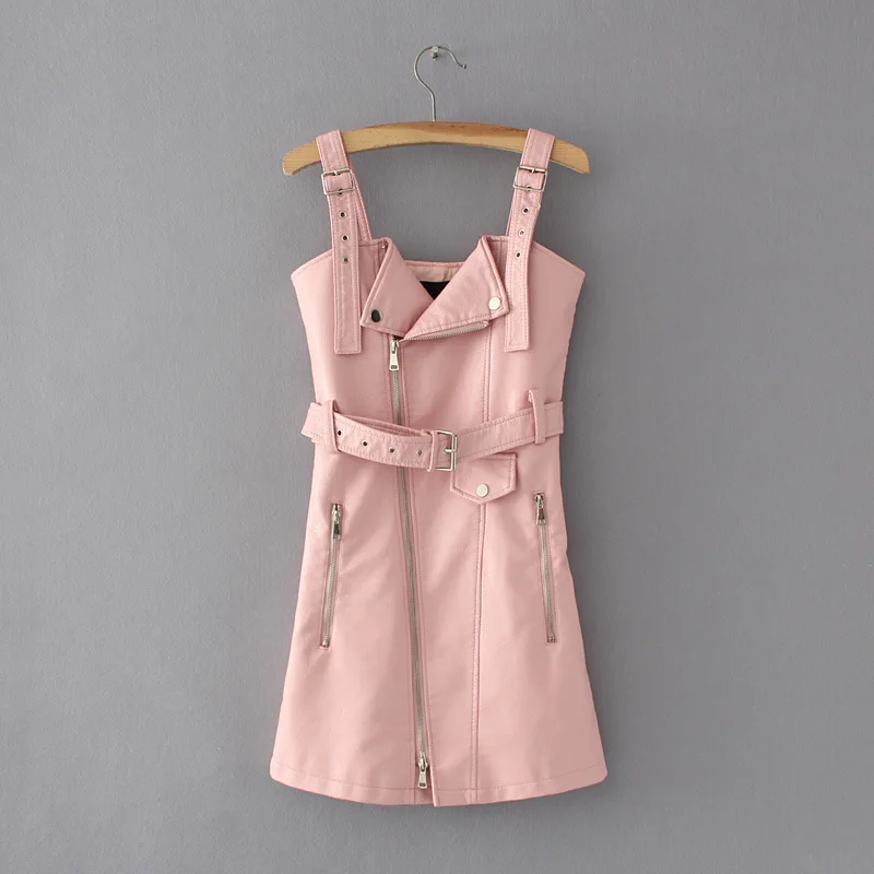 2018 PU Leather Women Dress Spring Summer Fashion Sashes Zipper Vintage Mini Dresses Slim Sexy V Neck Short Sundress | Женская одежда