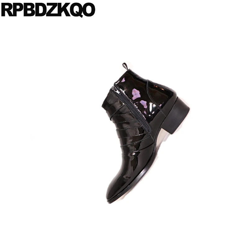 

Motorcycle Chunky Short Ankle Zipper Genuine Leather Rock Pointed Toe Plus Size Mens Black Patent Boots Full Grain Shoes Fall