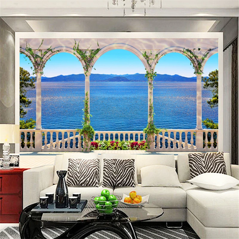 Фотообои для гостиной 3d перспективное окно с видом на океан ТВ фон стены papel де