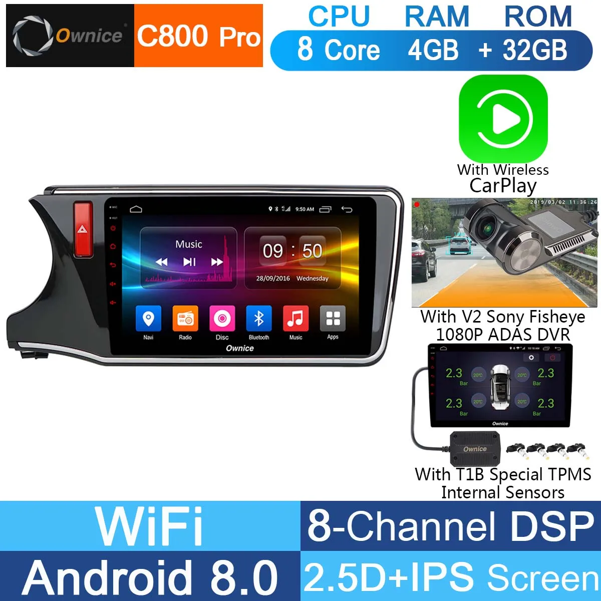 C800 Pro DVR TPMS AT 10," ips Android 8,1 Восьмиядерный 4G ram+ 32G rom автомобильный dvd-плеер Радио стерео для Honda City DSP CarPlay - Цвет: C800 Pro DVR TPMS AT