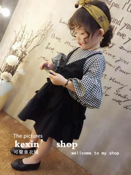 2018 new spring item girl cute plaid dress dorable design fake two pieces puff sleeve princess | Детская одежда и обувь
