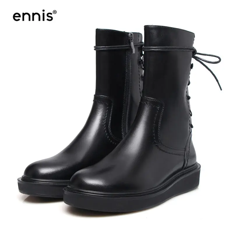 Black ENNIS/; ботинки в байкерском стиле в британском стиле; женская обувь; ботинки из натуральной кожи на платформе; ботинки на плоской подошве со шнуровкой сзади; Цвет Черный; сезон осень-зима; A7278 - Цвет: Black