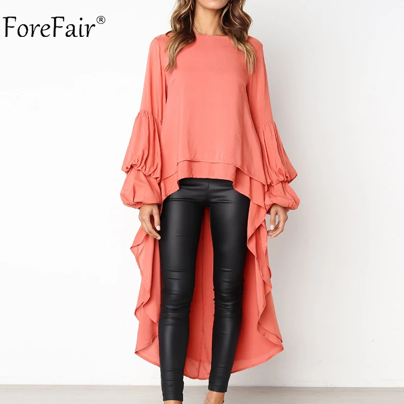 Orange-red Forefair, свободная женская блузка с длинным рукавом и оборками, осень, шифоновая Повседневная рубашка с рукавом-фонариком размера плюс, женская блузка s - Цвет: Orange-red
