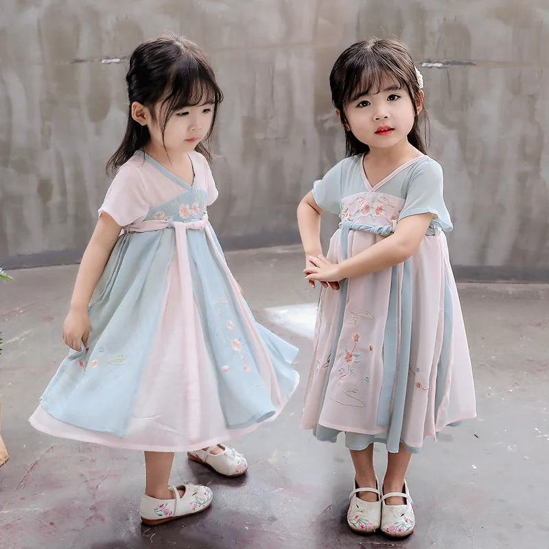 Китайский Hanfu платье для девочек летний костюм династии Тан китайская детская одежда народные национальные костюмы платье принцессы DQS1965