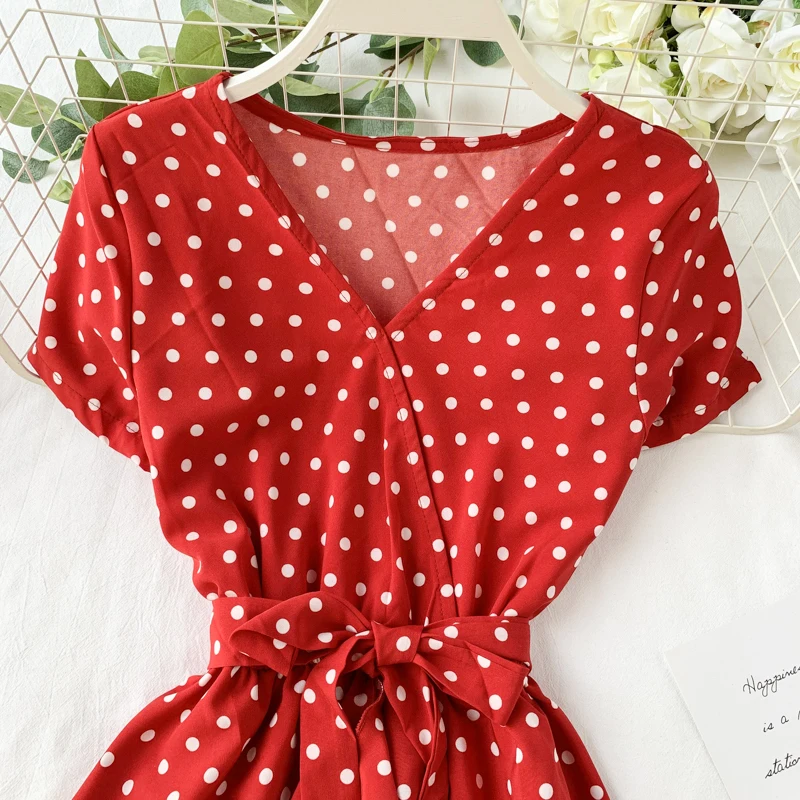 Vintage Polka Dot Print V Neck Ruffles Short Bandage Dress Chiffon Summer Party Women Casual High Waist Beach Dresses