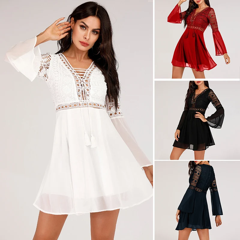 Romacci Сексуальное Женское Мини шифоновое платье с перекрещивающимися кружевами